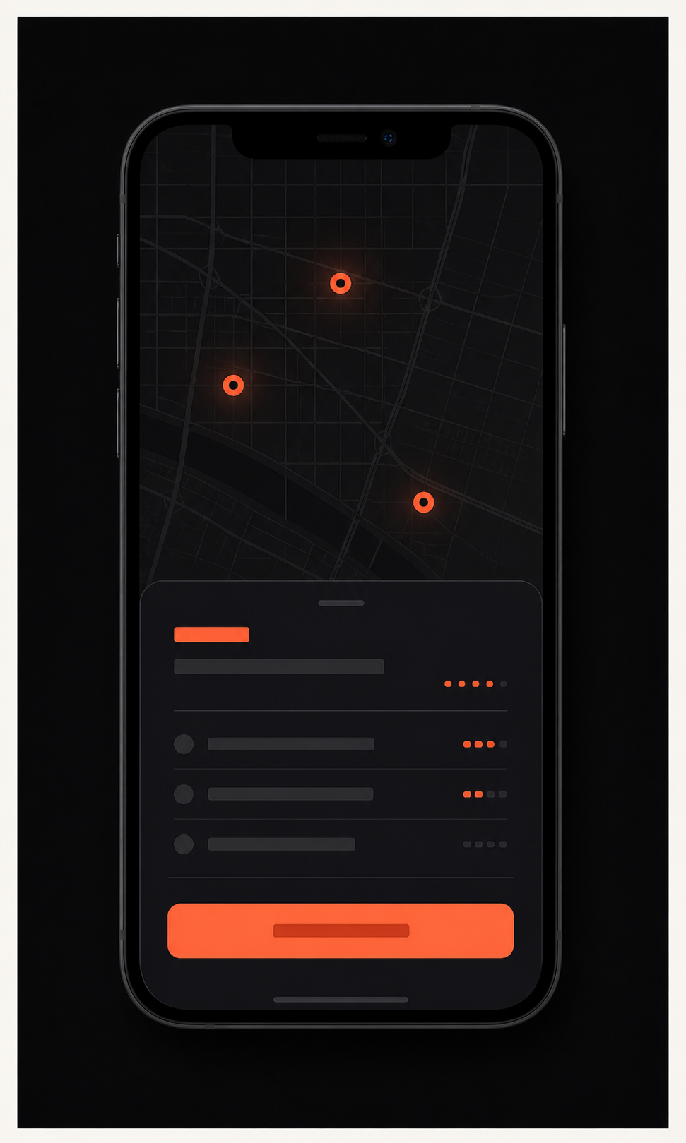 Illustrative OUTBND mobile interface preview showing a nightlife map and venue list using simulated data
